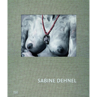 A textured book cover for Sabine Dehnel with a photo of a person's bare chest covered in white paint, wearing a red beaded necklace with a portrait locket.