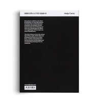 A photograph of the back cover of a book standing on a white surface. The cover is black with a white header showing the ISBN 978-3-7757-5568-9 and publisher Hatje Cantz. Below are descriptive paragraphs in German and English, with a barcode at the bottom.
