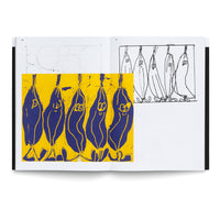 An open art book on a white surface. The left page features a vibrant blue and yellow linocut print of five smiling, pear-shaped characters with legs, hanging in a row. The right page displays the corresponding black ink line drawing, showing the sketch for the print.