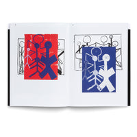 An open art book on a white background, displaying two pages. Each page features a child-like black line drawing of stick figures, overlaid with a colored block print of abstract figures. The left page has a red block with blue and pink figures, and the right page has a blue block with white, textured figures.
