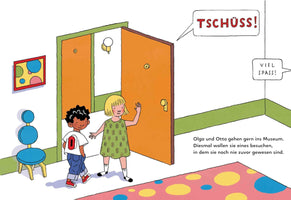 A colorful illustration from a children's book shows a blonde girl in a green dress waving goodbye from an open doorway. A boy with dark skin and curly hair, wearing a shirt with the number 0, walks out of the room ahead of her. German speech bubbles read TSCHÜSS! and VIEL SPASS!.