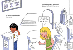 A two-page cartoon spread from a German book showing two children in the "Gallery for Nothing". On the left, a boy looks puzzled at an empty pedestal meant to hold a bust. On the right, a girl looks shocked as a bottle labeled "Air from NY" tips over. A speech bubble above her reads in German, Oh no! All the air is escaping! Other exhibits include a popped air bubble and bottles of air from Paris and Bangkok.