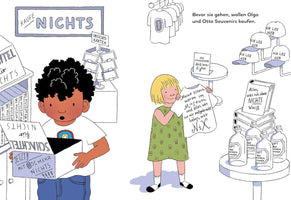 A cartoon illustration from a German children's book shows two children, Olga and Otto, in a souvenir shop dedicated to nothingness. A young boy with dark curly hair looks into an empty box labeled Schachtel für Nichts, or box for nothing. A young blonde girl holds up a t-shirt that says in German, My parents were at the museum and all they brought me was NOTHING. Other items for sale include invisible postcards, an invisible action figure, and bottles of air from a room.