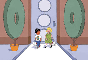 A cartoon illustration of a young boy and girl walking out from a doorway with two round windows. The children are both carrying shopping bags and walking towards the viewer on a white path flanked by two large, donut-shaped topiary trees in orange pots.