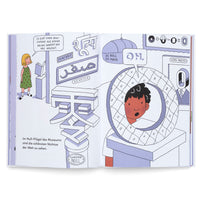 An illustrated two-page spread from a German children's book shows a museum exhibit called the zero wing. On the left, a girl looks at 3D representations of the word zero in Sanskrit, Arabic, and Chinese. On the right, a boy pokes his head through a large, circular Mayan glyph for zero. The text explains that this wing displays the world's most beautiful nothings.