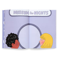 An open book with a cartoon illustration on a two-page, light purple spread. A sign at the top reads MUSEUM für NICHTS, which is German for Museum for Nothing. Below, a Black child with curly hair and a white child with blonde hair are shown in profile, looking at a large, empty, circular frame in the center.