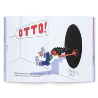 An open children's book with a cartoon illustration of a boy named Otto being sucked into a large black oval labeled Schwarzes Loch. The boy has a terrified expression as his body stretches toward the hole, and a speech bubble above him yells OTTO! in red letters. German text is written at the bottom of the page.