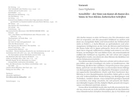 A two-page spread from a book in German. The left page shows a table of contents concerning the artist Yves Klein. The right page features the start of the foreword by Luca Viglialoro, titled Sensibilité – der Sinn von Kunst als Kunst des Sinns in Yves Kleins Ästhetischen Schriften.