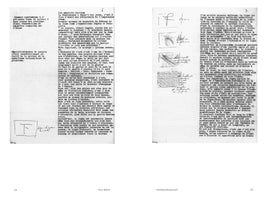 A black and white two-page spread from a book, pages 28 and 29. The pages contain dense blocks of French text. In the margins are five small, hand-drawn, boxed sketches with cursive annotations. The right page features four abstract sketches in a vertical column, while the left page has one sketch of a capital T.