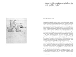 A page from a book, showing an image on the left and German text on the right. The image is a close-up of the word Humilité written repeatedly in cursive on graph paper. The text on the right is titled Meine Position im Kampf zwischen der Linie und der Farbe and is dated Paris, den 16. April 1958.