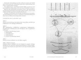 A two-page book spread by Yves Klein detailing his architectural concept of air roofs. The left page contains explanatory text in German. The right page shows four black-and-white technical diagrams, labeled Fig. A, B, and C, illustrating plans and cross-sections of these air-supported structures for a public square, interconnected city points, and a stadium, with arrows indicating airflow.