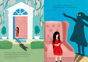 A two-page illustrated spread from a book with German text. On the left, a girl in a red dress stands in front of a pink door, and her shadow on the ground waves. On the right, the girl reads a book while her shadow looms behind her on a blue wall as a large, dark, wild figure with glowing eyes and flailing arms.