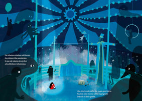 A children's book illustration in shades of blue depicts a surreal, dark circus. A small girl in a red coat sits huddled alone in a spotlight in the center of the ring, surrounded by numerous ominous shadow creatures with white eyes. The shadows watch from the stands and perform as circus acts, including a tall ringmaster on stilts and a tightrope walker.