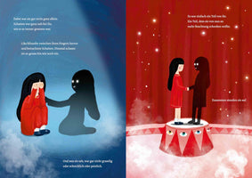 A two-page illustrated spread from a book with German text. On the left, a girl in a red dress covers her face while a shadow figure with glowing eyes comforts her against a blue background. On the right, the girl and the shadow figure hold hands, standing together on a small circus stage in front of a red curtain.
