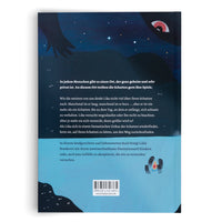 The back cover of a children's book, written in German. The illustration shows a dark, starry night sky with a large, shadowy figure with one eye peeking out from the top right. Below, there is descriptive text about the book, an ISBN, and a small drawing of three shadow creatures sitting around a campfire.