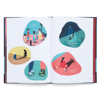 An open children's book shows a two-page spread with stylized illustrations about shadows, accompanied by German text. On the left page, images depict a group of people, an elderly person with a long shadow, and a close-up of feet with short shadows. The right page shows a person under a streetlight with a menacing shadow, and a girl in a red dress sitting next to her black, cat-like shadow which is lying on the ground.