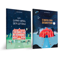 Two illustrated hardcover books by Lidia Branković are displayed side-by-side. The left book, Das Grand Hotel der Gefühle, shows a large red hotel under a starry night sky. The right book, Zirkus der Schatten, depicts a red-and-white striped circus tent at night, flanked by large shadow figures.