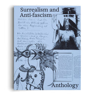 The light blue book cover for Surrealism and Anti-fascism Anthology. The cover is a collage featuring handwritten German text, a stark illustration of a masked figure, and a detailed ink drawing of two surreal, bird-headed humanoids.