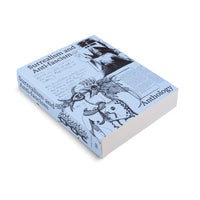 A thick paperback book titled Surrealism and Anti-fascism Anthology is shown at an angle on a white background. The light blue cover features a black-and-white collage of a surrealist drawing of a bird-like figure, handwritten text, and other printed materials.