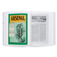 An open book on a white surface, showing two pages. The left page features a full-page reproduction of the green and yellow cover of Arsenal Surrealist Subversion, with a surrealist collage. The right page has a block of text under a small black-and-white photo of an icy landscape.