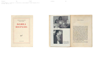 An overhead view of the book Djamila Boupacha by Simone de Beauvoir and Gisèle Halimi against a white background. On the left is the book's cover, and on the right is an open spread showing a page of text in French opposite a page with two black-and-white photographs of people.