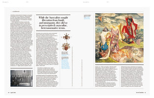 A two-page spread from the April 2022 issue of Art in America, pages 40-41, featuring an article on Surrealism. The layout includes columns of text, a large headline, a black-and-white group photo, two small images of masks, and a large, colorful surrealist painting by Leonora Carrington depicting fantastical figures in a dreamlike landscape.