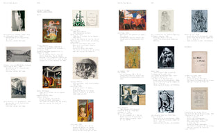 A two-page spread from an art exhibition catalog titled Exhibited Works. The pages, numbered 650 and 651, display a collection of various artworks, including surrealist paintings, drawings, and photographs, each accompanied by a text block with details about the artist, title, and date.