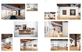 A two-page appendix spread showing a collage of photographs from an art exhibition. The images depict various gallery spaces with white walls and wood floors, displaying a mix of paintings, historical black and white photographs, and artifacts in display cases. Benches are placed throughout the rooms for visitors.