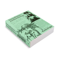 A photograph of a thick paperback book with a mint green cover, set against a white background. The cover and spine display the title in black German text: Surrealismus + Antifaschismus. The word Anthologie is also on the cover. The cover art is a collage of surreal elements, including a line drawing of a half-woman, half-bird creature, handwritten notes, a block of printed text, and a distorted black-and-white photograph.