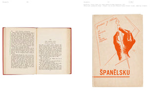 An image displays two books side-by-side against a white background. On the left, an open hardcover book with a red cover shows pages with English text. On the right is a light-colored pamphlet with an orange illustration of a hand holding a pen and the title ŠPANĚLSKU.