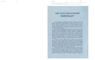 A two-page spread from a book. The right page displays a historical document in French titled Pour un art révolutionnaire indépendant. A German header identifies the authors as André Breton and Leon Trotsky, dated 1938. The manifesto's title is in a large, bold font, followed by paragraphs of text on a pale, tinted page.