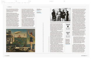 A two-page spread from an art magazine about Surrealism and politics. The left page features a large, colorful Surrealist painting of a woman beside an industrial seascape. The right page includes a black-and-white photograph of a group of men and two small images of the journal cover for La Révolution Surréaliste.