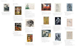 A two-page spread from a German art catalog, pages 666 and 667, titled Ausgestellte Werke. The pages display a grid of 16 surrealist and modern artworks, including paintings, drawings, photographs, and book covers, each accompanied by a descriptive caption in German.