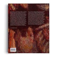 The back cover of a book on a white background. The cover features a close-up, highly textured image of a tapestry woven with threads in vibrant shades of red, orange, yellow, and blue. Two columns of white text, one in German and one in English, are superimposed on the image, describing the artist Margret Eicher. A website address and a barcode are visible at the bottom.