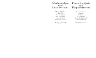 The title page of a publication shown in two columns, with German on the left and English on the right. The title is Machtanalyse und Empowerment / Power Analysis and Empowerment. The subtitle is Margret Eicher und die Wiedergeburt der Tapisserie aus dem Geist der Postmoderne / Margret Eicher and the Rebirth of Tapestry from the Spirit of Postmodernism. The author is Wolfgang Ullrich.