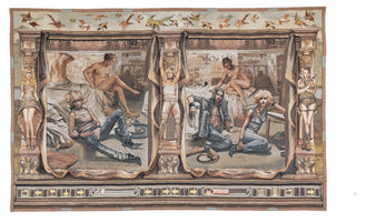 A detailed tapestry blending classical art with modern pop culture. The composition is divided by ornate columns into scenes set in a grand, ruined interior. Nude figures in classical poses are juxtaposed with people in contemporary, edgy attire. Figures resembling video game characters, including Lara Croft holding pistols, are integrated into the columns. The bottom border is designed like a video game user interface with navigation icons, contrasting with a frieze of birds at the top.