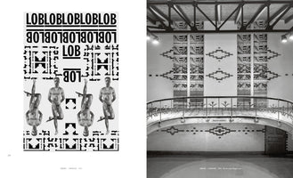 A black and white two-page book spread. On the left, a graphic poster features the word LOBLOB repeated and mirrored, along with pixelated patterns and four photographs of a man in athletic poses. On the right, a photograph shows an art installation in a tiled room with an arched bridge, featuring tall, geometrically patterned panels on the wall that correspond to the design on the left.