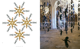 A two-page spread from an art book showing two different pieces from 1999. On the left, a collage titled Amazing Amazon Stars features repeating star-like patterns made from cutouts of women in gold bikinis and Star Wars TIE fighters. On the right, a photograph of an installation titled Boygroup shows hundreds of black silhouettes of armed baby-like figures hanging from the ceiling in a large, stone hall with arched ceilings.