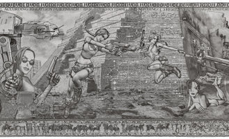 A complex, monochrome tapestry-style artwork depicting various versions of the video game character Lara Croft. She appears in action poses with guns against a collage background featuring a Mayan pyramid, a Star Wars AT-ST walker, and a large ship. The composition is overlaid with a technical flowchart and a diagram of a video game controller. A decorative border at the bottom resembles a historical frieze with figures on horseback.