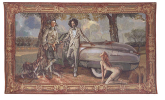 A tapestry with an ornate border depicting a surreal pastoral scene. On the left, a man in 18th-century hunting attire stands with a dog and a rifle. In the center, a Black man in a modern light-colored suit leans against a futuristic silver convertible. On the right, a nude woman with red hair kneels on the ground next to the car.