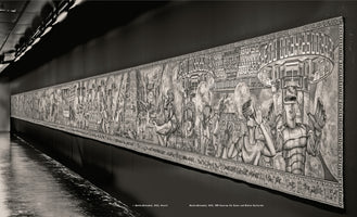 A long, panoramic, black-and-white artwork hangs on a dark gallery wall, receding into the distance. The piece is a highly detailed, tapestry-like frieze depicting a complex, futuristic narrative with figures in VR gear and armor, alongside fantastical architecture, blending historical and science-fiction elements.