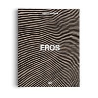 A book titled EROS by Christl Mudrak, shown against a white background. The cover features a pattern of wavy, horizontal black and tan stripes. The title is in large, bold white letters in the center, with the author's name at the top and the publisher, Hatje Cantz, at the bottom right.