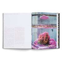 An open book with text on the left page and a photograph on the right. The photo shows a large, brain-like cactus in shades of pink and yellow sitting on a paint-splattered surface. The cactus is in a room with light blue patterned walls, illuminated by pink LED grow lights mounted on shelves above it.