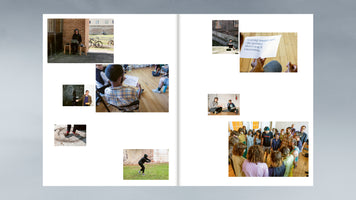 An open book showing a two-page spread with a collage of photographs against a white background. The images depict people in various artistic and communal activities, both indoors and outdoors. Photos include a person on a laptop outside, a group workshop on a wooden floor, someone jumping on grass, a large group standing in a circle, and hands holding a paper with blue text.