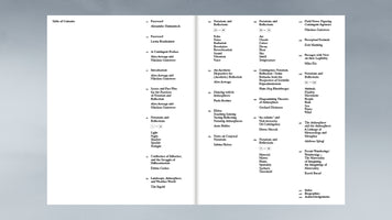 A clean, minimalist two-page spread of a book's table of contents against a soft gray background. The text is arranged in three columns, listing chapter titles, author names, and page numbers. Titles like Notations and Reflections and Landscape, Atmosphere, and Weather-World suggest themes of sensory perception and the environment.