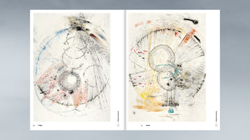 An open book displays a two-page spread of abstract artwork titled Twilight. The illustrations consist of intricate, chaotic black line drawings with circular motifs, radiating lines, and illegible script, accented with sparse washes of red, blue, and yellow.