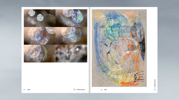 An open book displays a two-page art spread. On the left, a grid of six close-up photographs captures iridescent, sparkling light refractions against a dark background. On the right, a colorful and energetic abstract drawing features scribbled lines in blue, orange, yellow, and white on a light brown page.