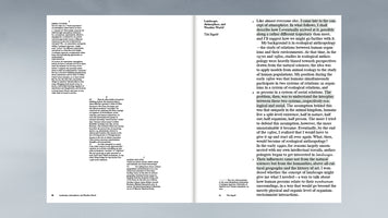 An overhead shot of a two-page spread from a book with a minimalist design. The left page features a multi-person discussion format. The right page shows the beginning of an essay by Tim Ingold titled Landscape, Atmosphere, and Weather-World, which discusses ecological anthropology and the concept of atmosphere.