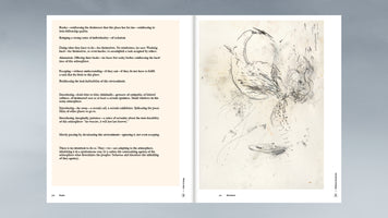A two-page spread in an open book, with a page of black text on the left and an abstract, gestural line drawing in black ink on the right, depicting a chaotic and energetic form.