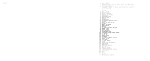 A minimalist table of contents page from a book, with black sans-serif text on a white background. The contents list an introduction titled Inside the Studio: Spaces of Electronic Music Production, followed by a long list of artists and their corresponding page numbers.